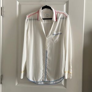French girl white silk button-down shirt